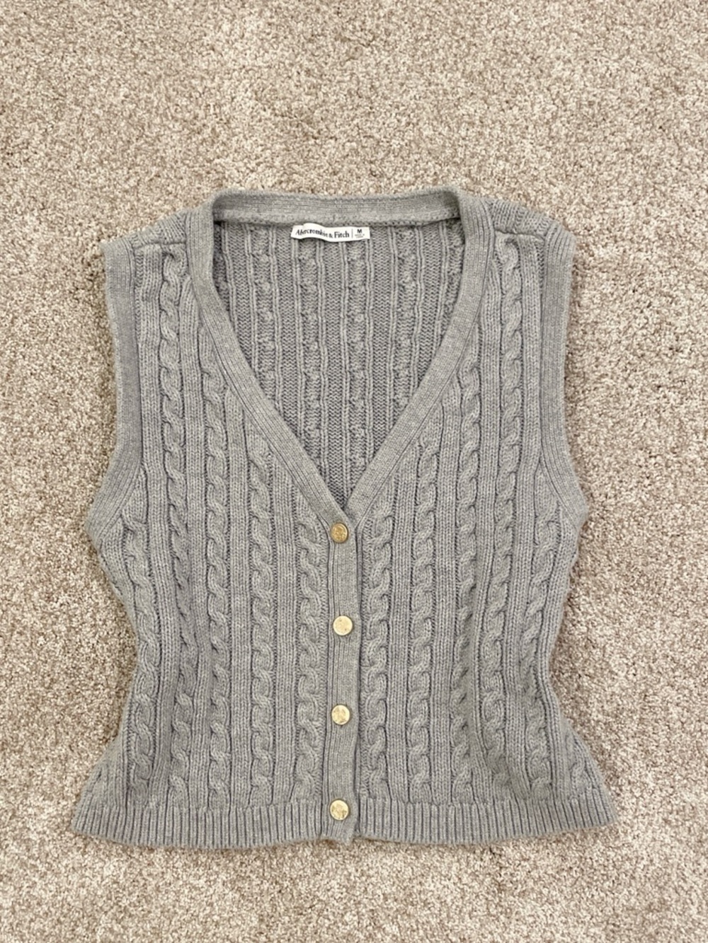 Abercrombie & Fitch Women’s Gray Cable Knit Sweater Vest Gold Button Cardigan M